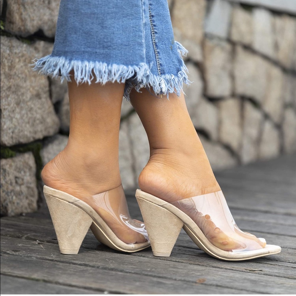 Women's Clear Sandals Open Toe Slip On Mule Chunky Heel Clear Shoes